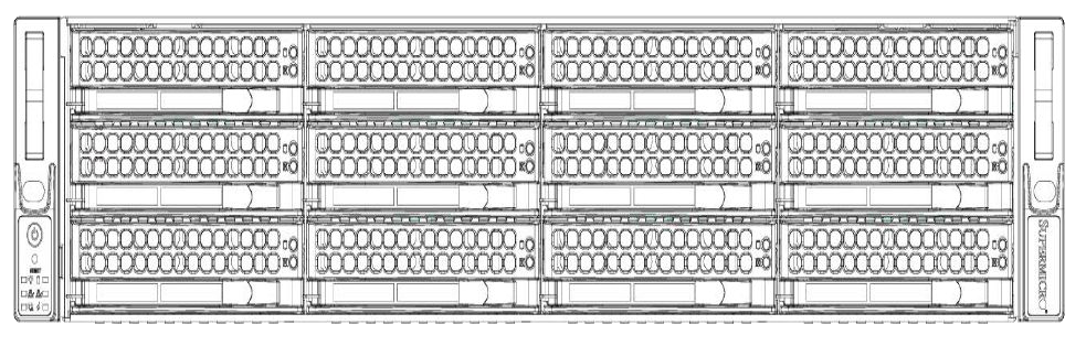 Front chassis line drawing showing multiple rows of hot-swappable disk drive carriers across the appliance front.