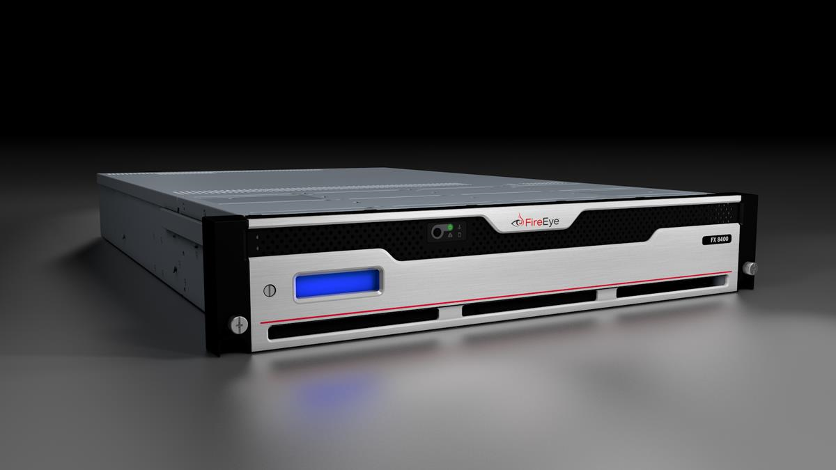 Front view photo of a FireEye FX 8400 rack-mounted appliance with a removable bezel, blue status display, and metallic chassis.