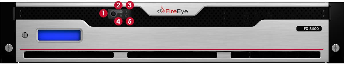 Front bezel of FireEye FX 8400 appliance showing a silver front panel with a blue display and five small red-numbered indicator callouts labeled 1 through 5 near the upper center