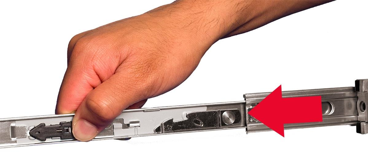 A hand holding the inner rail with a large red arrow pointing to the right, indicating the rail notch alignment.