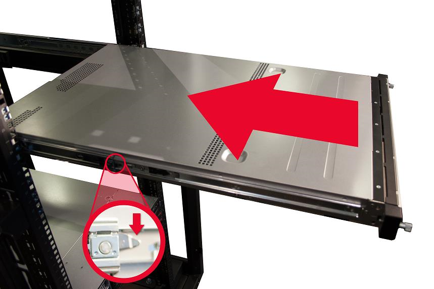 Appliance on rack rails with a large red arrow indicating the sliding direction; circular inset zoom showing the rail-release notch