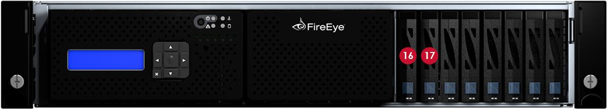 Front view of the appliance showing multiple disk drive bays with two drives marked (16 and 17), highlighting how to identify the failed drive carrier.