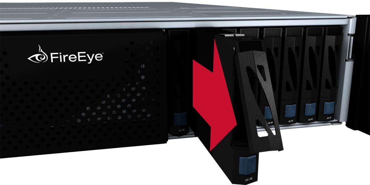 A rack-mounted FX 8400 with the front drive carrier partially removed; FireEye logo visible on the chassis and the drive latch handle pulled forward