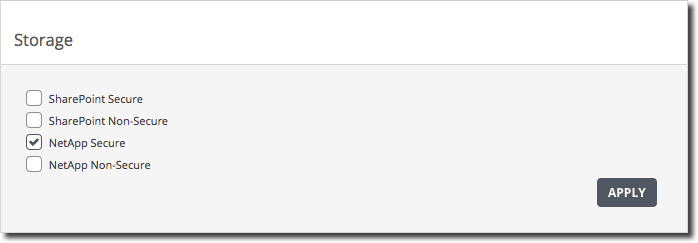 Screenshot of the Storage settings page showing checkboxes for SharePoint Secure, SharePoint Non-Secure, NetApp Secure (checked), NetApp Non-Secure, and an APPLY button in the bottom-right of the dialog.