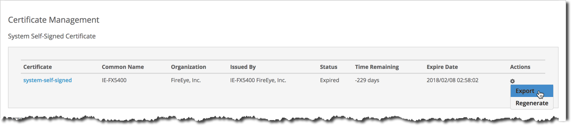 Screenshot of the Certificate Management page showing a system-self-signed certificate entry in a table with columns for Certificate, Common Name, Organization, Issued By, Status, Time Remaining, Expire Date and an Export action button