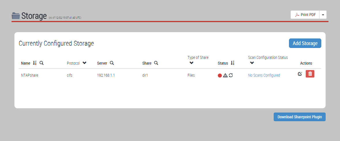 Screenshot of the Currently Configured Storage UI showing a storage row (NTAPshare) with columns Name, Protocol, Server, Share, Type of Share, Status (yellow/red/green status icons), Scan Configuration Status, and Actions; an Add Storage button appears at top-right of the panel.