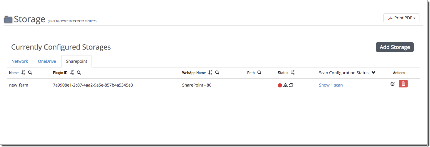 Screenshot of the Storage web UI panel showing Currently Configured Storages table with columns (Name, Plugin ID, WebApp Name, Path, Status, Scan Configuration Status, Actions), an Add Storage button, and action icons including delete.