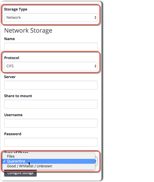 Network Storage panel screenshot showing Storage Type dropdown, Protocol dropdown, fields for Name, Server, Share to mount, Username, Password, and a Type of Share dropdown with Quarantine selected