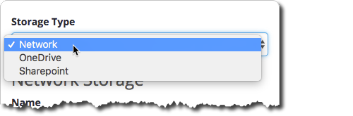 Storage Type dropdown screenshot showing Network selected