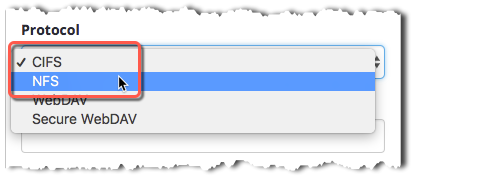 Dropdown menu for Protocol showing options with CIFS selected and NFS highlighted