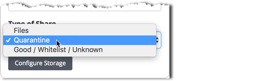 Dropdown for Type of Share showing Quarantine selected