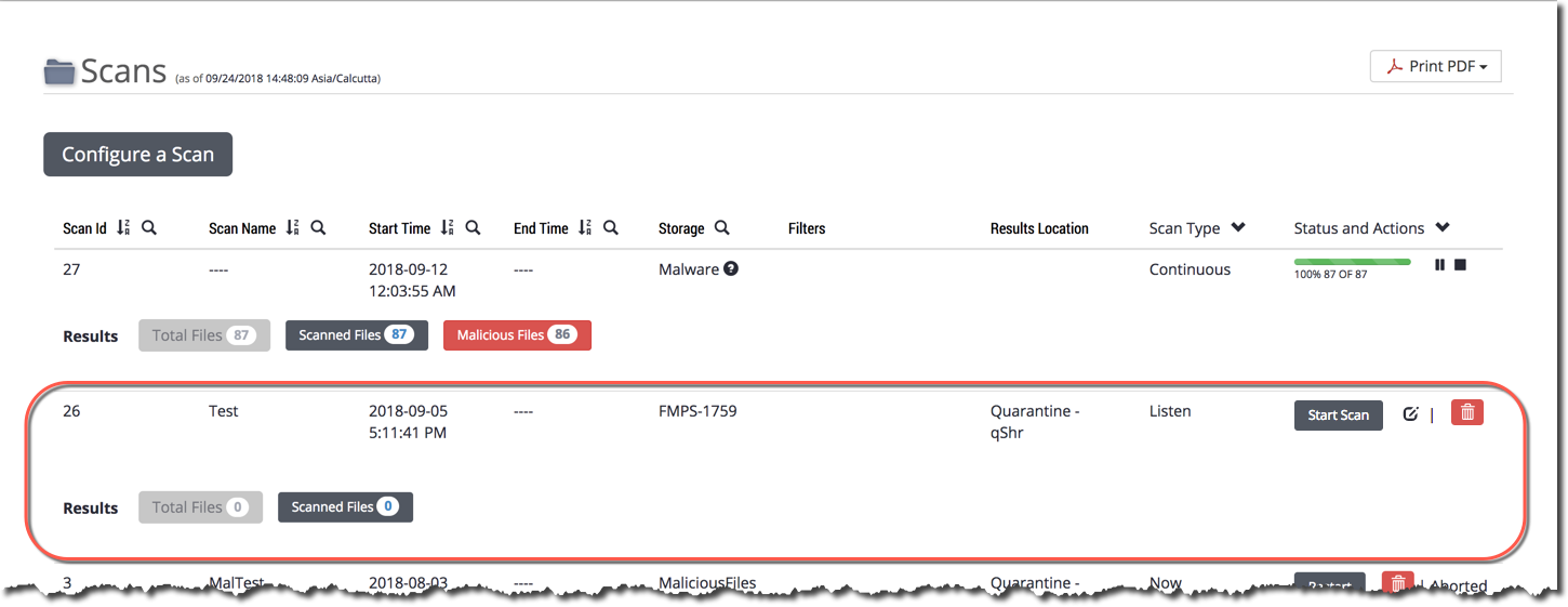 Screenshot of the File Protect Scans page showing scan 26 with results panels and UI controls, including Start Scan button and highlighted scan entry inside a rounded red border