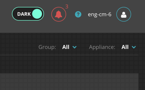 Screenshot of the Web UI in DARK theme showing a blue header labeled DARK and top navigation controls on a dark background.