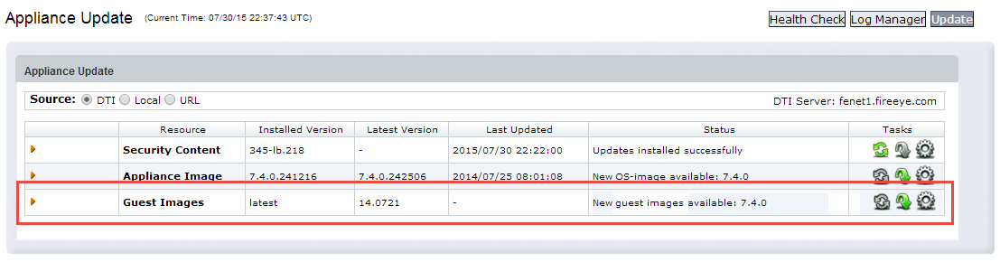 Screenshot of the Appliance Update page showing the update table; the Guest Images row is highlighted with a red box and indicates new guest images available
