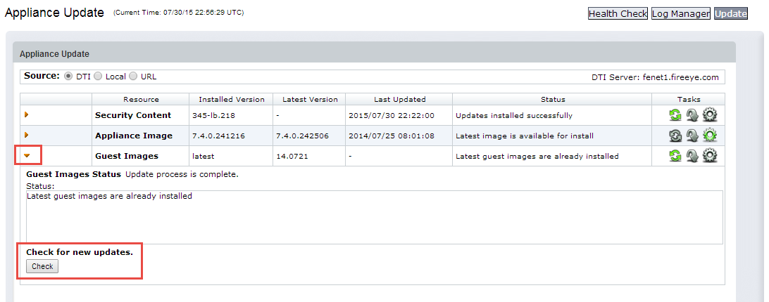 Screenshot of the Appliance Update page showing the resource table with a highlighted Guest Images row, a red triangle expand icon, and the Check for new updates area with the Check button highlighted.