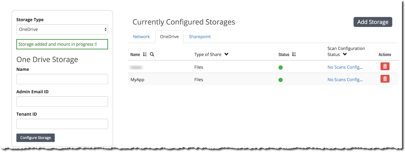 Screenshot showing the One Drive Storage configuration form (Storage Type dropdown set to OneDrive, fields for Name, Admin Email ID, Tenant ID, and a Configure Storage button) on the left and the Currently Configured Storages table with Status icons on the right.