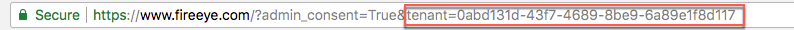 Browser address bar screenshot showing https://www.fireeye.com/?admin_consent=True&tenant=0abd131d-43f7-4689-8be9-6a89e1f8d117 highlighted