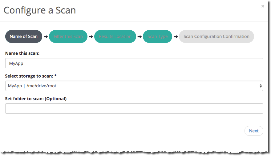Configure a Scan dialog screenshot showing the Scan Wizard steps and form fields (Name this scan, Select storage to scan, Set folder to scan) with the Next button