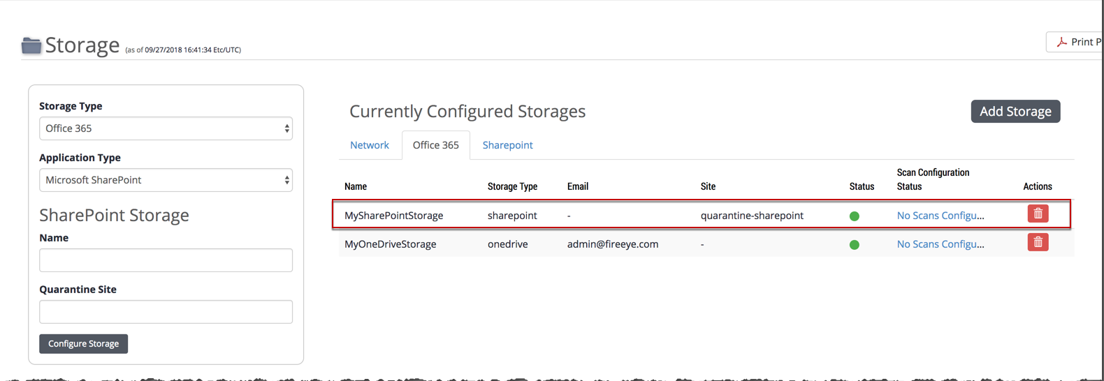 SharePoint storage configuration screen showing Storage Type and Application Type on the left and a Currently Configured Storages list on the right with MySharePointStorage highlighted