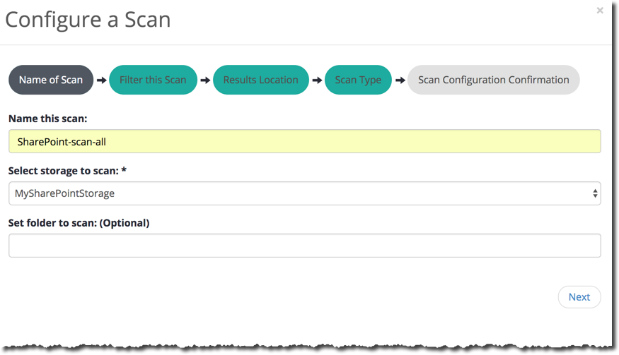 Configure a Scan dialog screenshot showing step progress bubbles (Name of Scan → Filter this Scan → Results Location → Scan Type → Scan Configuration Confirmation) and fields labeled Name this scan, Select storage to scan, and Set folder to scan