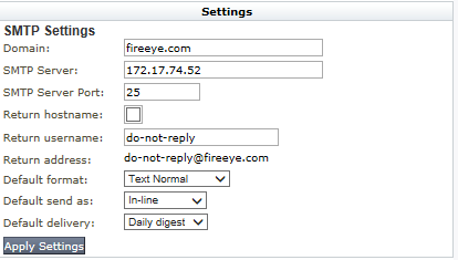 SMTP Settings form showing fields Domain, SMTP Server, SMTP Server Port, Return hostname, Return username, Return address, Default format, Default send as, Default delivery, and an Apply Settings button