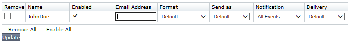 SMTP Recipient Listing UI showing a table row with columns Remove (checkbox), Name (JohnDoe), Enabled (checked checkbox), Email Address (input field), Format (dropdown), Send as (dropdown), Notification (dropdown), Delivery (dropdown), and controls labeled Remove All, Enable All, and an Update button.