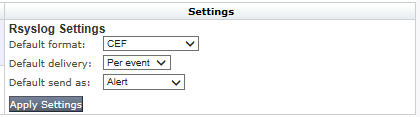 Screenshot of the Rsyslog Settings dialog showing dropdowns for Default format (CEF/LEEF/CSV/XML/JSON/Text), Default delivery, Default send as, and an Apply Settings button.