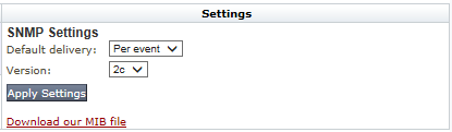 Screenshot of the SNMP Settings dialog showing Default delivery, Version dropdown (1 or 2c), and Apply Settings button