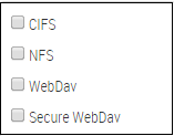 Dropdown checkbox list showing protocols — CIFS; NFS; WebDav; Secure WebDav