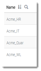 Vertical list panel showing the column header Name with sort and search icons and a list of share names such as Acme_HR, Acme_IT, Acme_Quar, Acme_WL in stacked rows; right edge shadow visible.