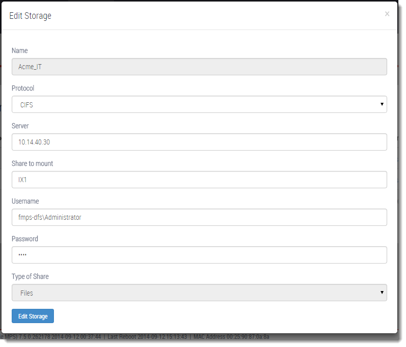Edit Storage dialog showing form fields — Name: Acme_IT; Protocol: CIFS; Server: 10.14.40.30; Share to mount: IX1; Username: fmps-dfs\Administrator; Password: masked; Type of Share: Files; and an Edit Storage button