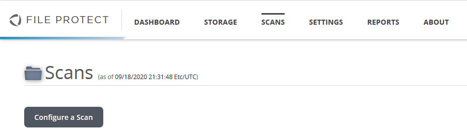 Screenshot of File Protect UI showing header with Dashboard, Storage, Scans (selected), Settings, Reports, About and a Configure a Scan button