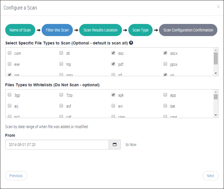 Screenshot of the Configure a Scan dialog showing the multi-step scan workflow at the top, large panels listing file types with checkboxes, a Files Types to Whitelists (Do Not Scan - optional) section, date range From field with calendar icon, and Previous and Next buttons at the bottom