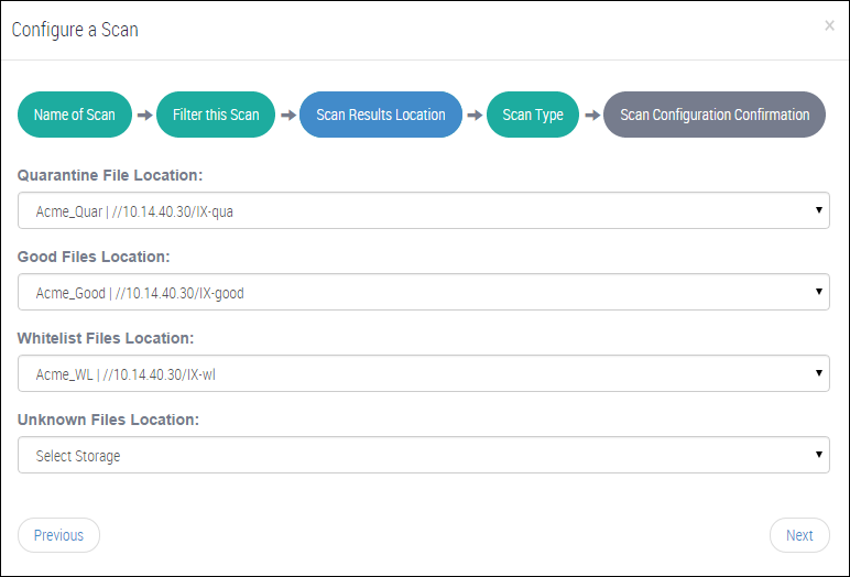 screenshot of the Configure a Scan dialog showing Quarantine File Location, Good Files Location, Whitelist Files Location, Unknown Files Location fields and navigation buttons Previous and Next