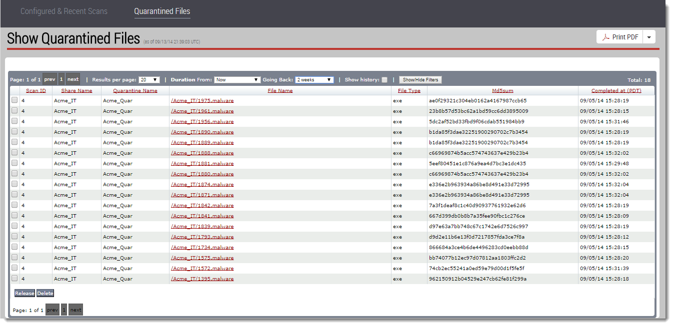 Screenshot of the Show Quarantined Files Web UI showing a table of quarantined files with columns such as Scan ID, Share Name, Quarantine Name, File Name, File Type, Md5sum, and Completed At; includes UI header and controls like page navigation and Release/Delete buttons.