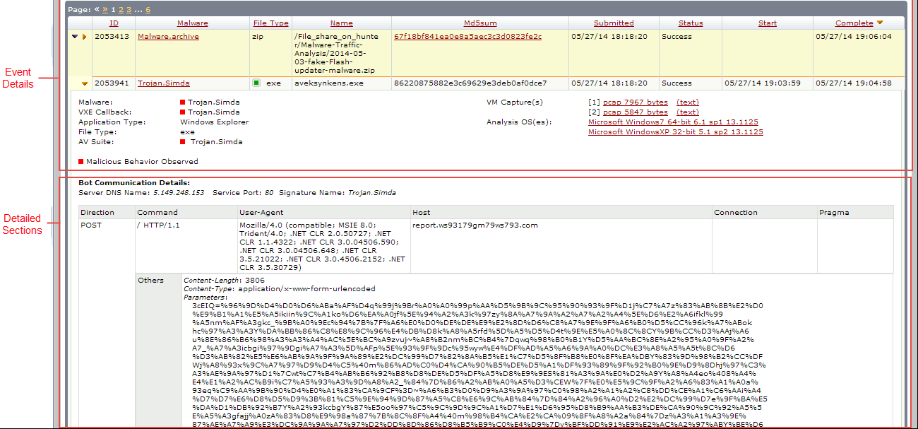 Larger screenshot showing a results table with highlighted Event Details on the left and a detailed sections pane below containing communication and forensic data.