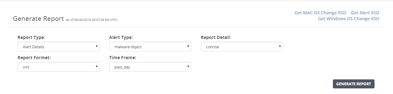 Generate Report form showing Report Type, Alert Type, Report Detail, Report Format and Time Frame dropdowns and a Generate Report button