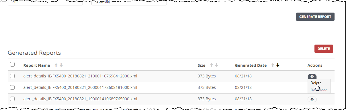 Generated Reports table showing a list of alert_details XML files with columns Report Name, Size, Generated Date, and Actions; buttons labeled GENERATE REPORT and DELETE are visible on the right.