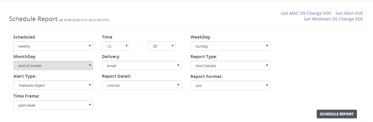 Schedule Report UI form showing dropdowns for Scheduled, Time (hours and minutes), WeekDay, MonthDay, Delivery, Report Type, Alert Type, Report Detail, Report Format, and a SCHEDULE REPORT button