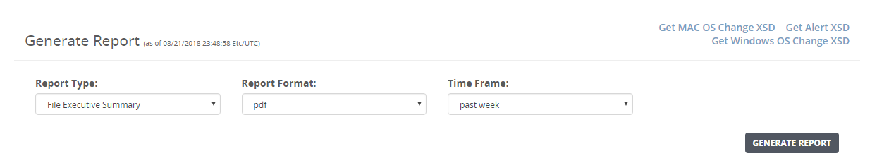 Generate Report page showing Report Type, Report Format, Time Frame drop-down menus and a Generate Report button