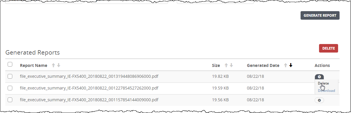 Screenshot of the Generated Reports table showing a list of generated File Executive Summary PDF files with columns Report Name, Size, Generated Date, and Actions; a DELETE button is visible on the right side of the table.