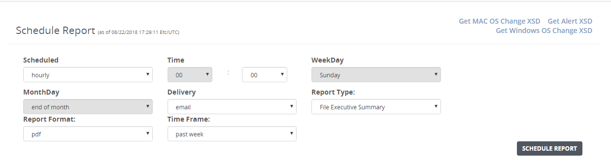 Screenshot of the Schedule Report Web UI showing form fields and dropdowns for Scheduled, Time, WeekDay, MonthDay, Delivery, Report Type, Report Format, Time Frame and a SCHEDULE REPORT button