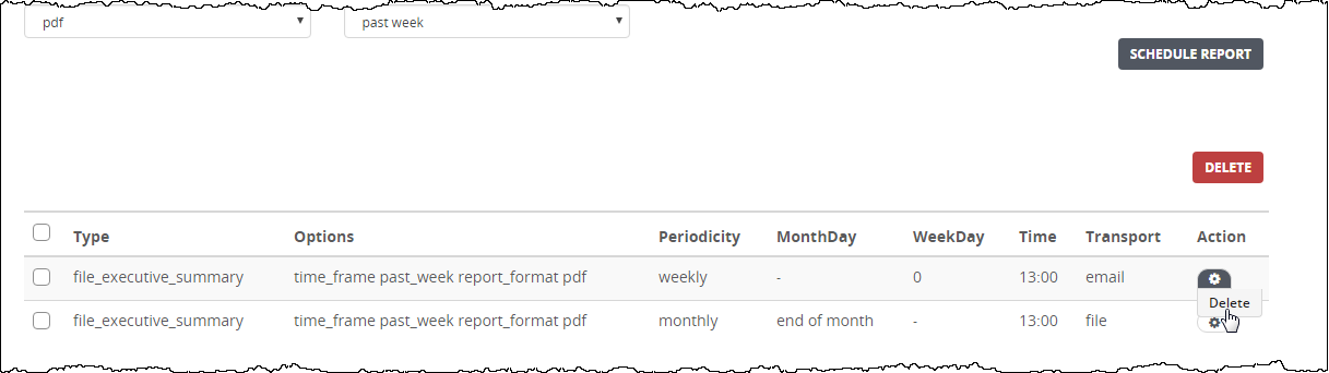 Screenshot of the schedule reports table showing checkboxes, columns Type, Options, Periodicity, MonthDay, WeekDay, Time, Transport, Action, a Delete button, and action icons