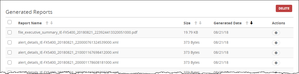 Generated Reports table screenshot showing a list of generated reports with columns Report Name, Size, Generated Date, Actions and a red DELETE button