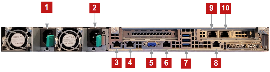 Rear view of ATD-3200 / ATD-6200 back panel — Configuration B — a full-width photograph similar to Configuration A showing alternate port arrangement with numbered red callouts 1 through 10.