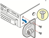 Illustration showing the rack handle being detached from the server with screws being removed; arrows indicate the removal direction.