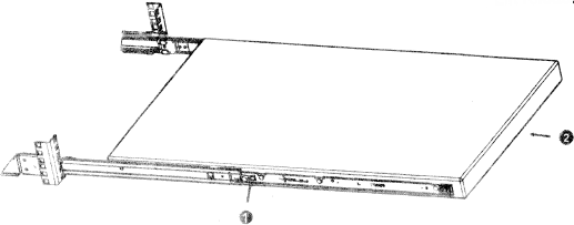 Side-view diagram showing the appliance slid into the rack with numbered callouts pointing to release tab and rail components