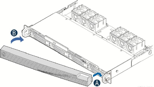 Illustration showing the front bezel being installed onto the appliance with arrows indicating rotation and locking points
