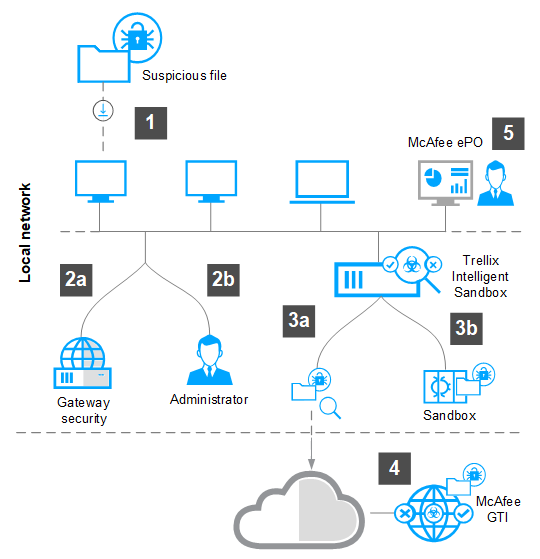 Diagram illustrating a suspicious file flow — local network and gateway security forwarding a suspicious file to Trellix Intelligent Sandbox for analysis (steps labeled 1, 2a, 2b, 3a, 3b), with results reported to McAfee GTI and notifications to McAfee ePO and the administrator.