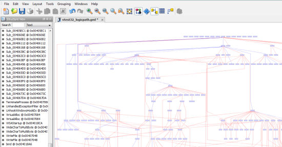 Screenshot of yEd Graph Editor showing the Logic Path Graph — left side structure/tree panel and right side large graph canvas with many nodes and connecting edges, nodes arranged in hierarchical layout